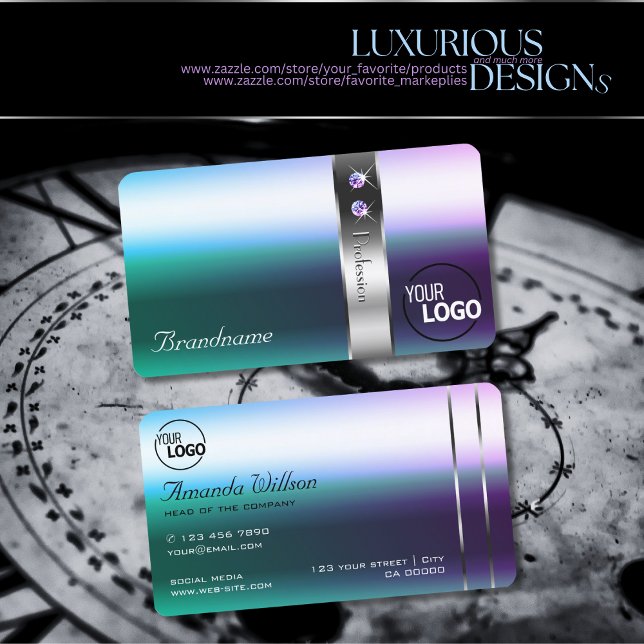 Cartão De Visita Shimmery Teal Purple Ombre Silver Decor e Logo (Criador carregado)
