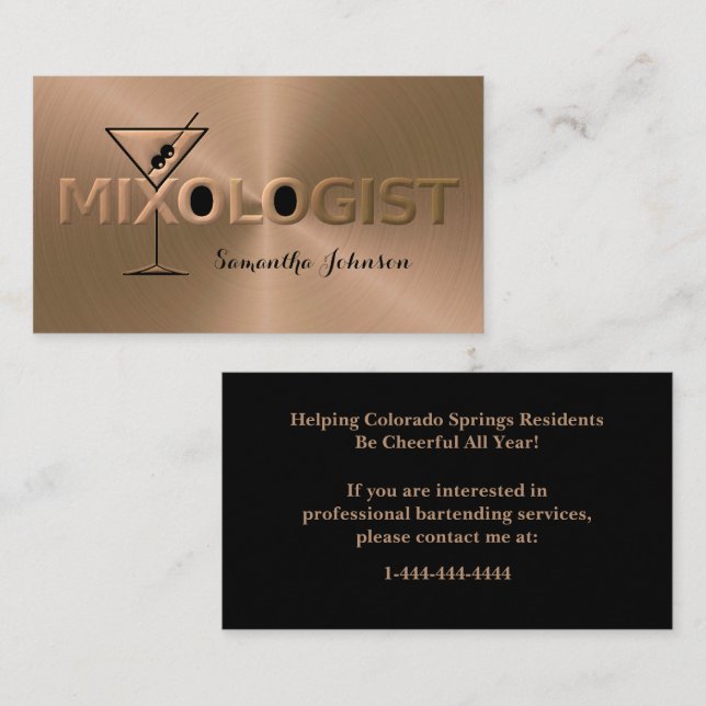 Cartão De Visita Shiny Copper & Black Event Bartender Business Card (Frente/Verso)