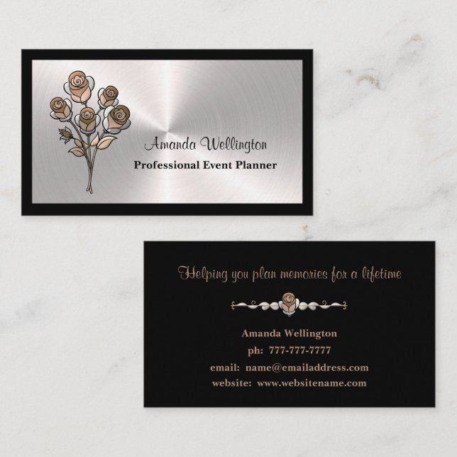Cartão De Visita Silver & Black Floral Event Planner Business Card (Frente/Verso)
