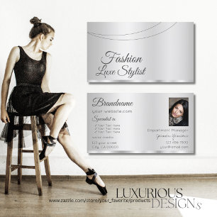 Cartão De Visita Silver Elegante Glamorous com Photo Professional