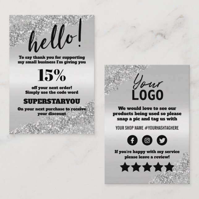 Cartão De Visita Silver Gliter Obrigado Desconto Inserir Placa (Frente/Verso)