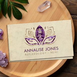 Cartão De Visita Símbolo e mãos de Reiki em Lotus Amethyst e