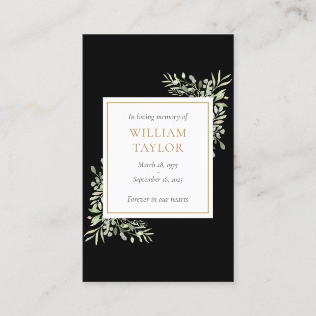 Cartão De Visita Simpatia funerária Memorial Greenery Cards de oraç (Frente)