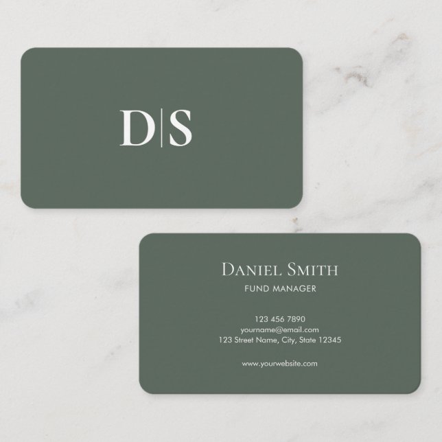 Cartão De Visita Simple Elegant Professionals Muted Green Initials (Frente/Verso)