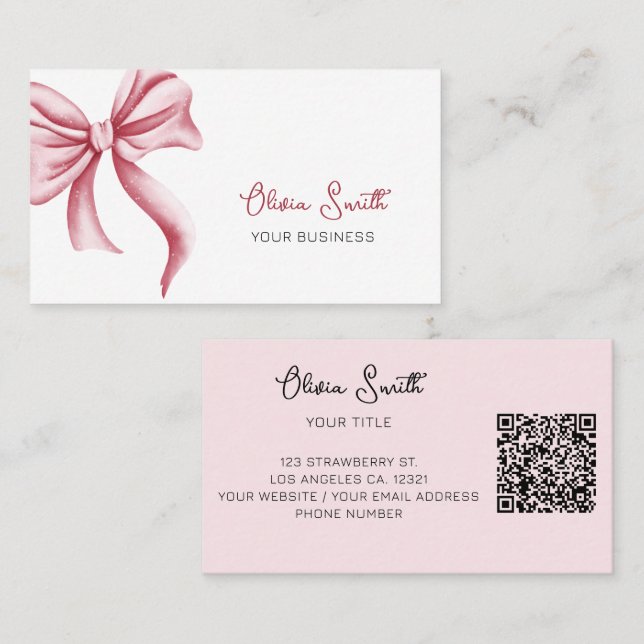 Cartão De Visita Simple Elegant Typography Pink Bow QR Code (Frente/Verso)