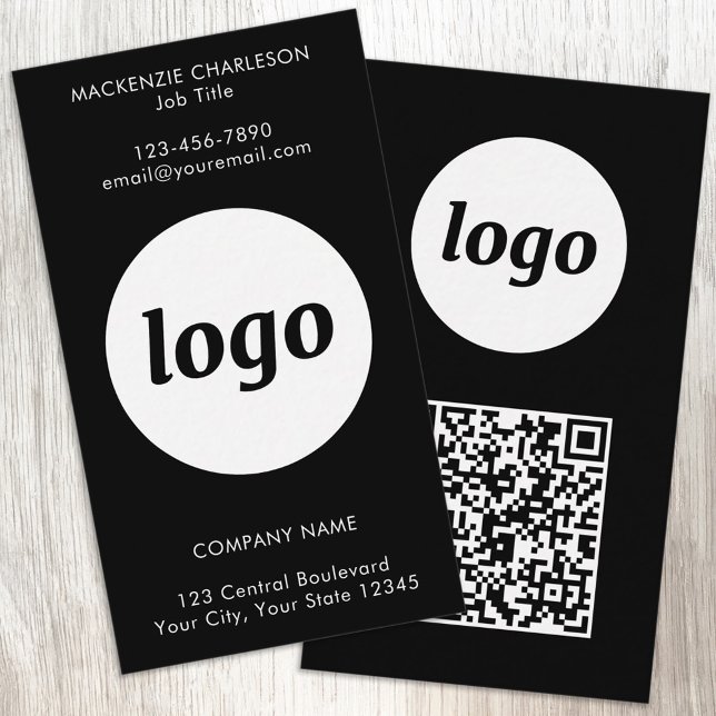 Cartão De Visita Simple Logo Text QR Code Vertical Black (Simple logo with custom text and QR code business branding promotional vertical black business cards)
