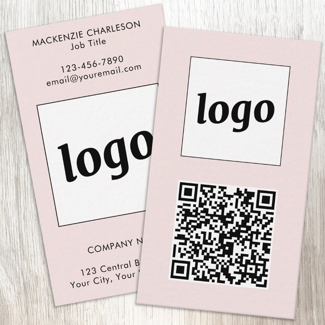 Cartão De Visita Simple Logo Text QR Code Vertical Blush Pink (Simple logo with custom text and QR code business branding promotional vertical pink business cards)