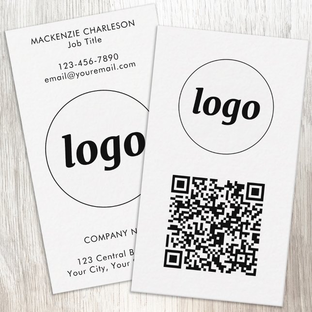 Cartão De Visita Simple Logo Text QR Code Vertical Format (Simple logo with custom text and QR code business branding promotional vertical business cards)