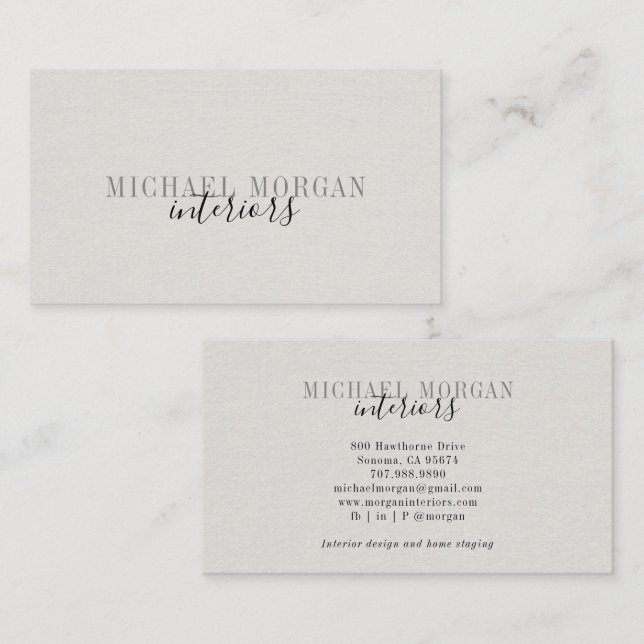 Cartão De Visita Simple Modern Interior Designer Script Faux Linen (Frente/Verso)