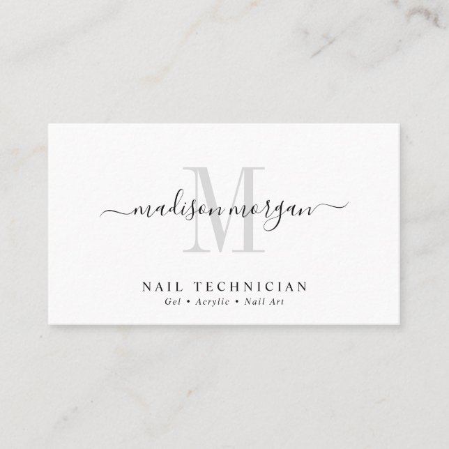 Cartão De Visita Simple Modern Nail Technician Script Monogram (Frente)