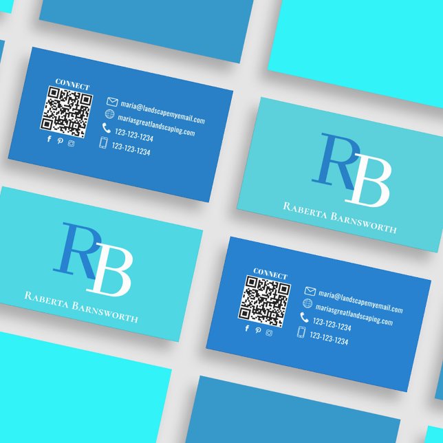 Cartão De Visita Simple Monogram QR Code Blue | Connect with Me (Blue and turquoise monogram business card.)