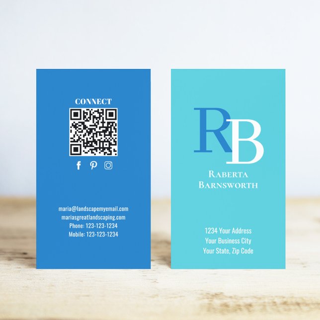Cartão De Visita Simple Monogram QR Code Blue | Connect with Me (Blue two tones monogram business card with a QR code.)