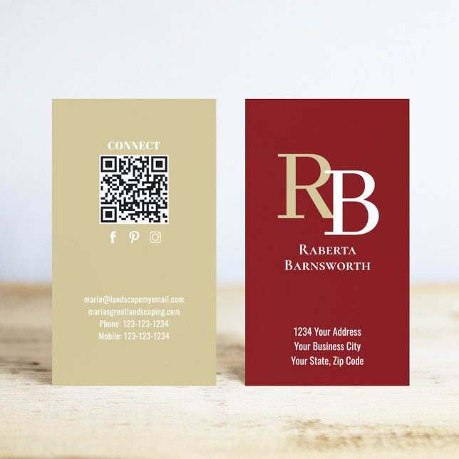 Cartão De Visita Simple Monogram QR Code Burgundy | Connect with Me (Burgundy and gold monogram business card.)