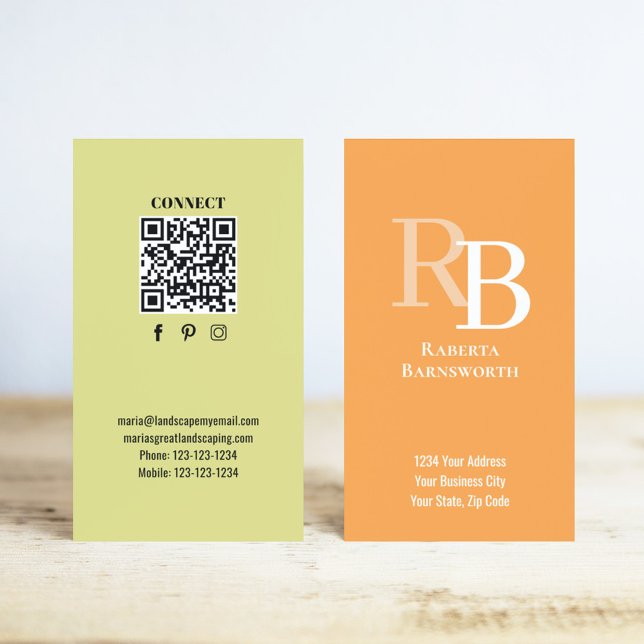 Cartão De Visita Simple Monogram QR Code Orange | Connect with Me (Orange and yellow monogram business card.)