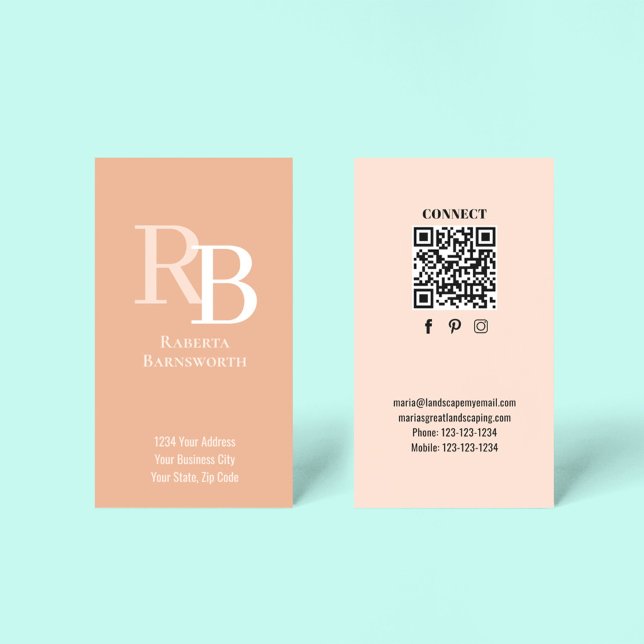 Cartão De Visita Simple Monogram QR Code Peach | Connect with Me (Peach monogram business card template with a scannable QR code.)