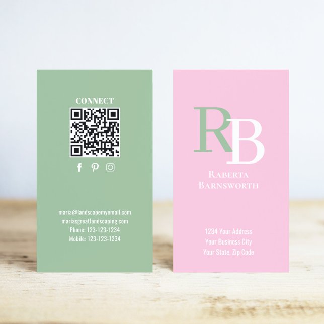 Cartão De Visita Simple Monogram QR Code Pink | Connect with Me (Pink and green monogram business card template.)