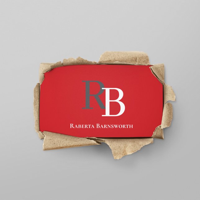 Cartão De Visita Simple Monogram QR Code Red | Connect with Me (Red and grey business card with simple monogram.)