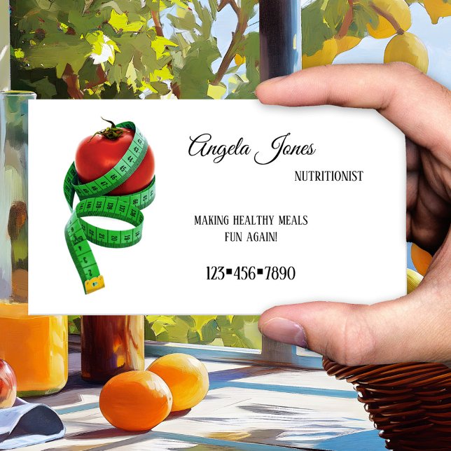 Cartão de Visita Simples de Nutricionista (A simple business card for a nutritional therapist or dietitian with a tomato with measuring tape)