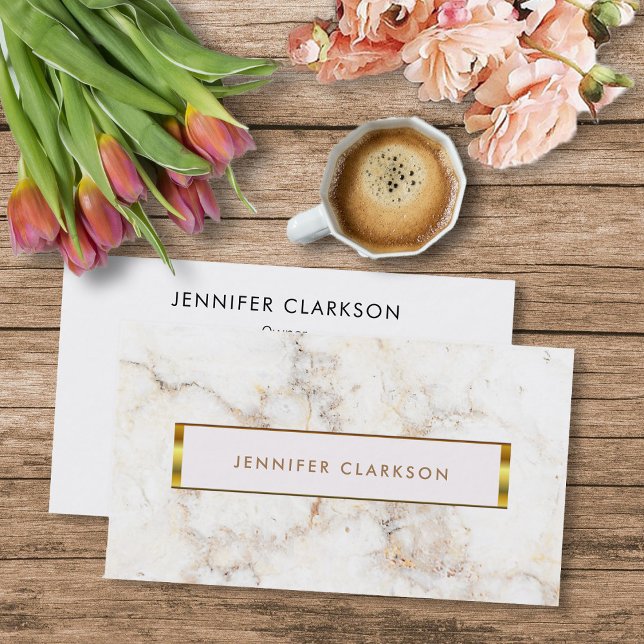 Cartão De Visita Simples e elegante profissional de ouro branco (Modern elegant white marble pattern, gold frame,  professional business card.)
