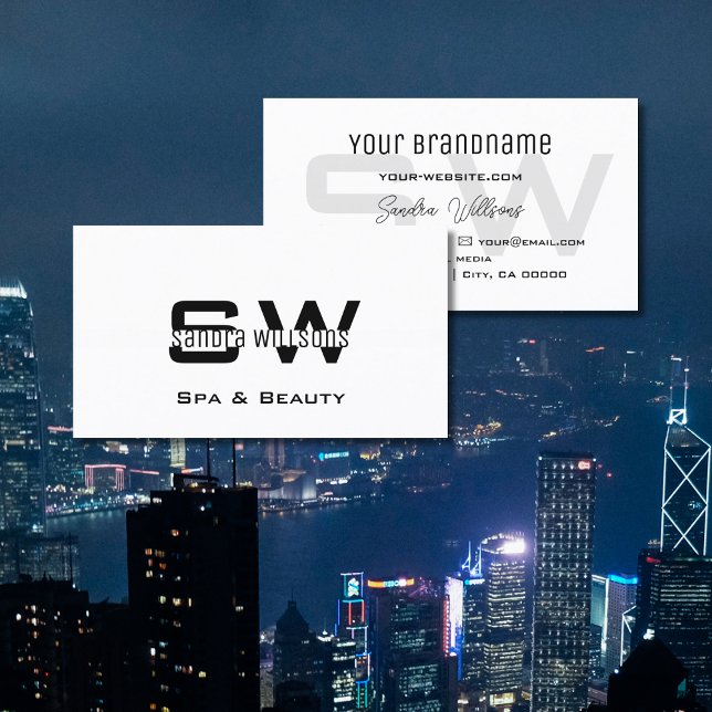 Cartão De Visita Simples e Moderno Branco Elegante com Monograma (Criador carregado)