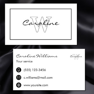 Cartão De Visita Simples nome elegante retângulo branco preto monog
