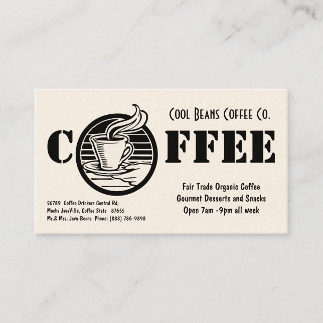 Cartão De Visita Simples preto & branco do café da cafetaria (Frente)