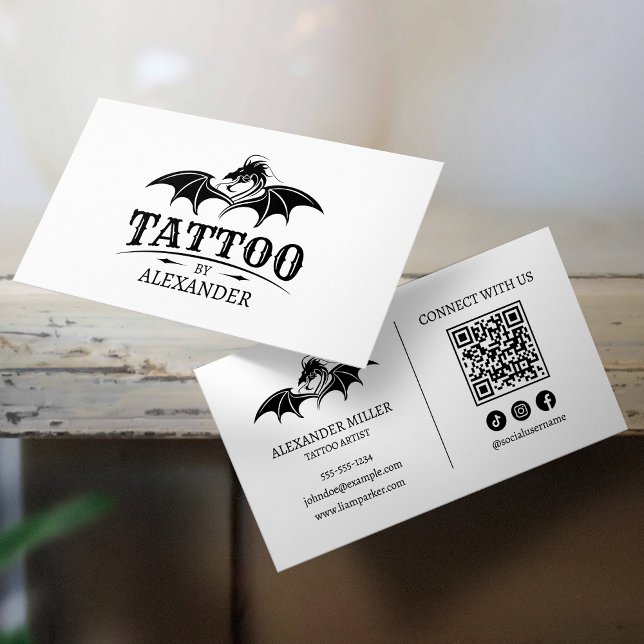 Cartão De Visita Simples Tatuagem Branca Artista Dragão Dragão Códi (Criador carregado)