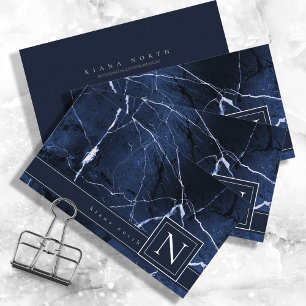 Cartão De Visita Simplesmente Marble Monogarm Blue e White Std ID67