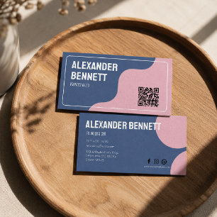 Cartão De Visita Simplicidade Ousada QRcode Escaneável Azul e Rosa 