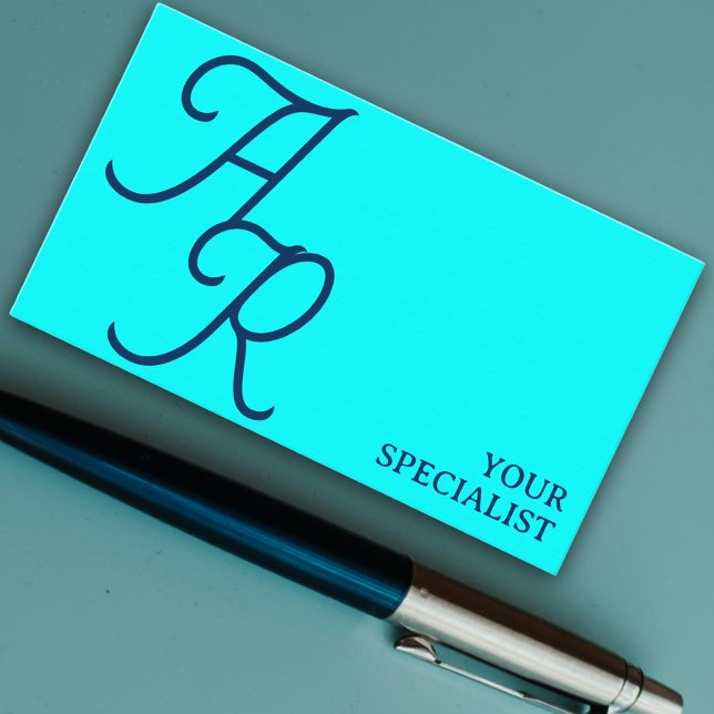 Cartão De Visita Sinais de caligrafia monográfica azul ciano-modern (Monogram calligraphy initials cyan blue modern business card)