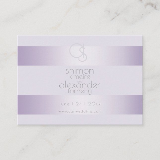 Cartão De Visita Site de Casamento | Lilac Shimmer Stripes Monogram (Frente)