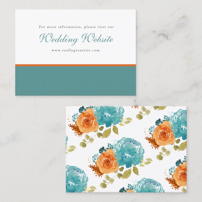 Cartão De Visita Site de Casamento Teal Burnt Orange Floral Boho (Frente/Verso)