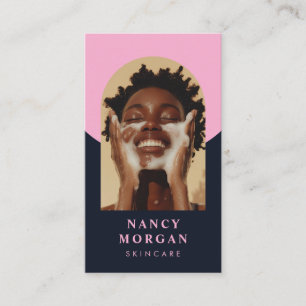 Cartão De Visita Skincare Arch Photo Código QR rosa e marinho