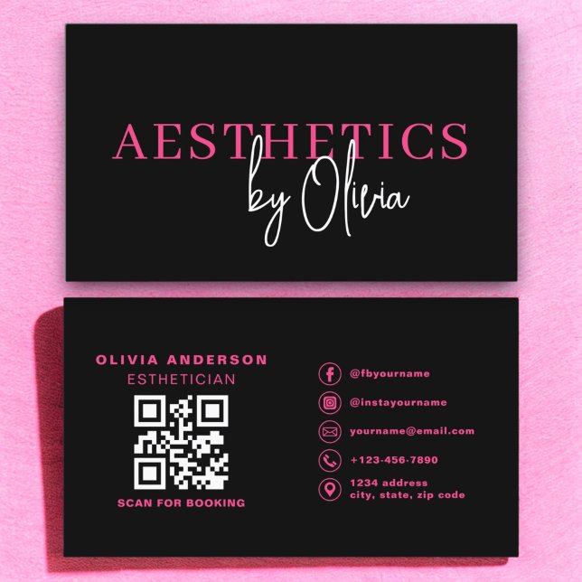 Cartão De Visita Skincare Estheticista Código QR Rosa Quente (Criador carregado)