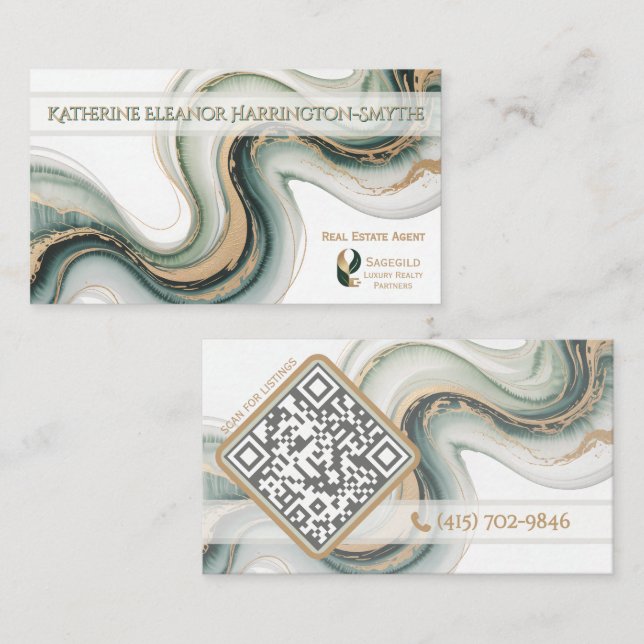 Cartão De Visita Sleek Sage Gold Marble Modern Realtor Logo QR Code (Frente/Verso)