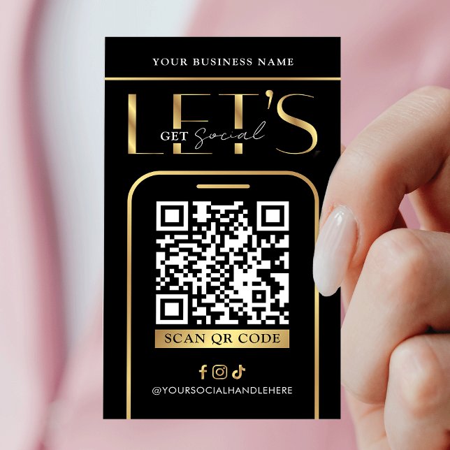 Cartão De Visita Social Media QR Code Black & Gold Logo QR Code (Modern black and gold QR code business cards - great to promote your social media or website)