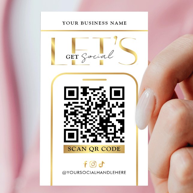 Cartão De Visita Social Media QR Code Glam Gold Logo QR Code (Modern white and gold QR code business cards - great to promote your social media or website)