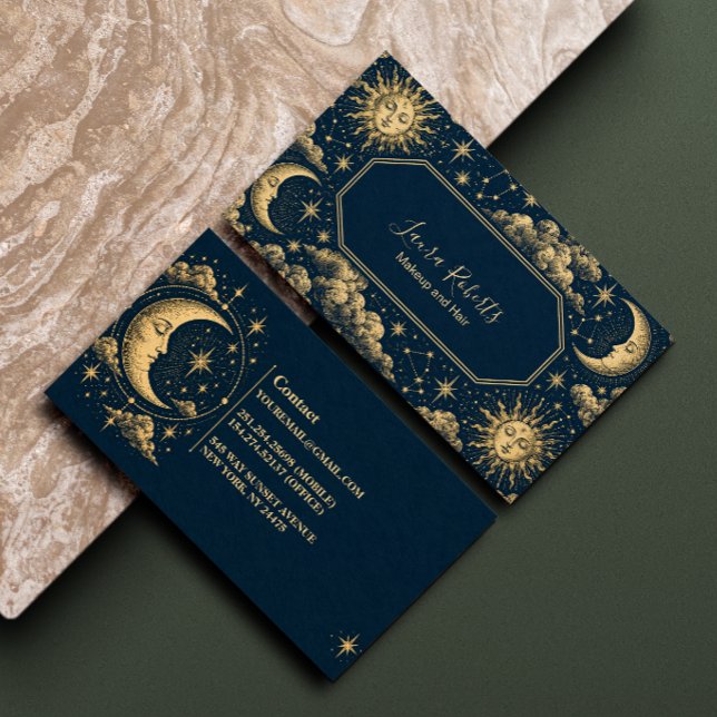 Cartão De Visita Sol Dourado Lua Celestial Marinho (Criador carregado)