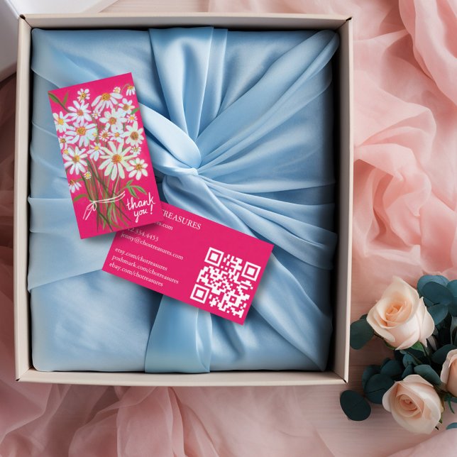 Cartão De Visita Solicite OBRIGADO O CÓDIGO QR rosa do Buquê Daisy (Pink watercolor daisy bouquet thank you note business card with QR code)
