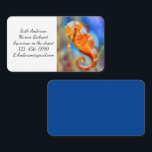 Cartão De Visita Sonda Laranja com Cavalo<br><div class="desc">Um cavalo de mar laranja brilhante com marcas brancas detalhadas é um achado encantador no Aquário Birch em Scripps em San Diego, CA. Foto de Ruth Jolly. O texto pode ser personalizado para atender às suas necessidades.</div>