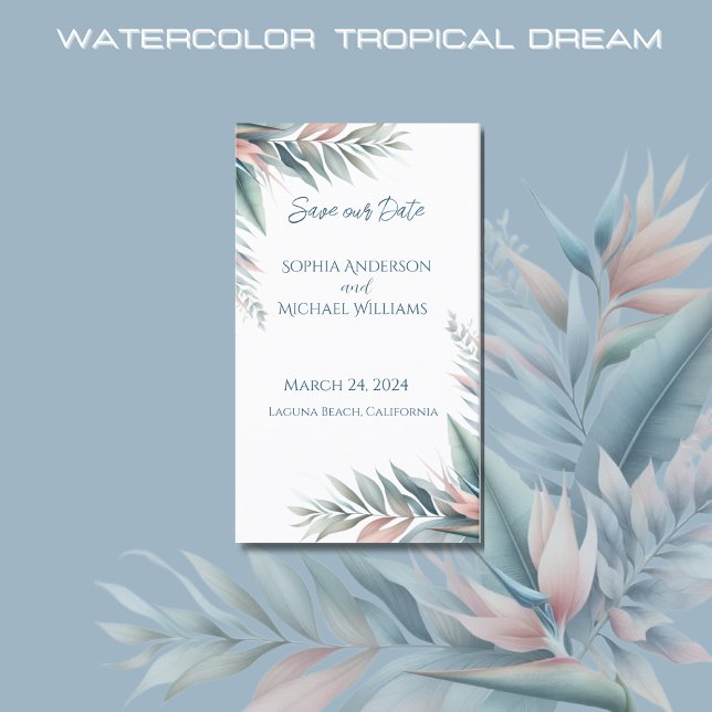 Cartão De Visita Sonho Tropical - Casamento - Salve a data - (Watercolor Tropical Dream Wedding Save the Date-Coastal-Pastel Colors)