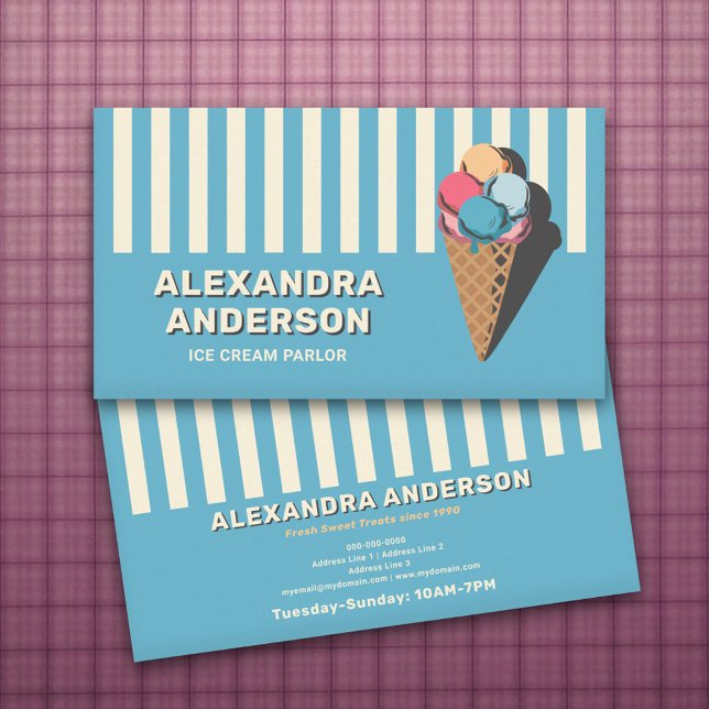 Cartão De Visita Sorvete - Striped e Vintage (Ice Cream Parlor - Striped and Vintage Business Card)