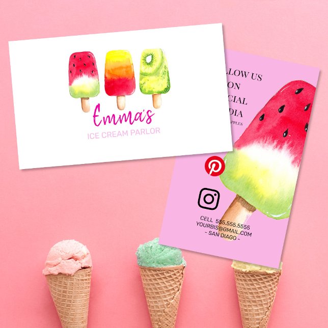 Cartão De Visita Sorveteria de Picolé Aquarela Negócios (Criador carregado)