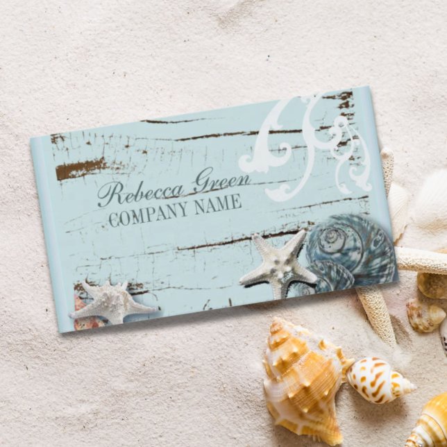 Cartão De Visita SPA aqua azul lenha de praia (SPA aqua blue beach wood starfish seashells Business Card)