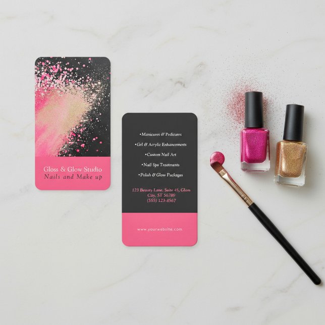 Cartão De Visita Splatter brilhante rosa e preto (Pink, Black and Gold Glitter Splatter Business Card.)
