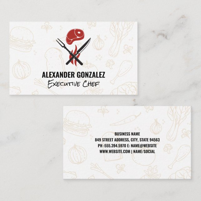 Cartão De Visita Steak | Ícones de Comida (Frente/Verso)