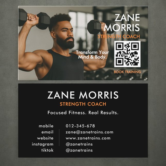Cartão De Visita Strength Coach Photo QR Code (Criador carregado)