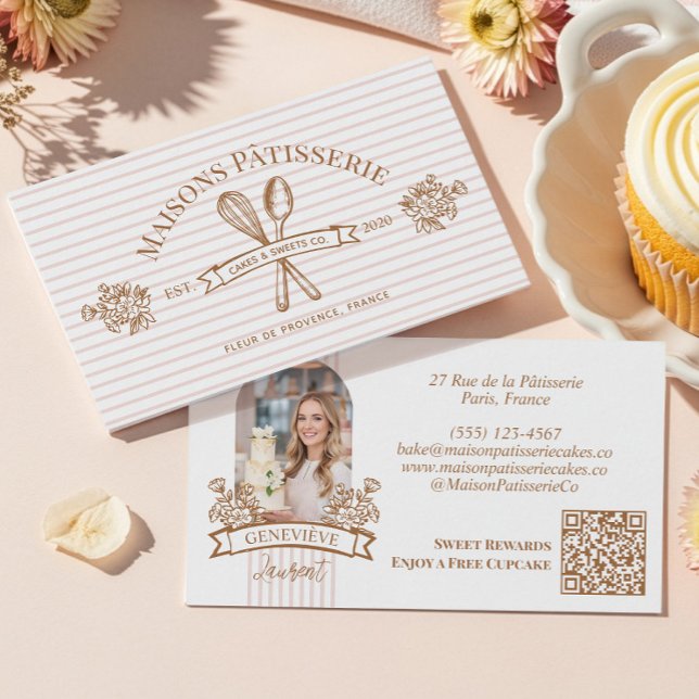 Cartão De Visita Stripe Floral Whisk Spoon Bakery Cake Designer (Stripe Floral Whisk Spoon Bakery Cake Designer Business Card)