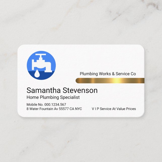 Cartão De Visita Stylish Gold Tab Leaking Blue Faucet (Frente)