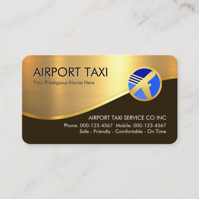 Cartão De Visita Stylish Gold Wave Airplane Airport Taxi (Frente)